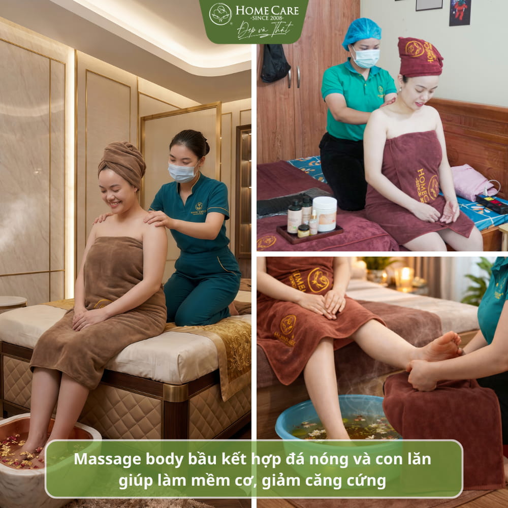 Massage body bầu kết hợp đá nóng và con lăn giúp làm mềm cơ, giảm căng cứng