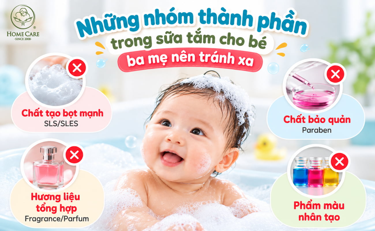 Những nhóm thành phần trong sữa tắm cho bé ba mẹ nên tránh xa